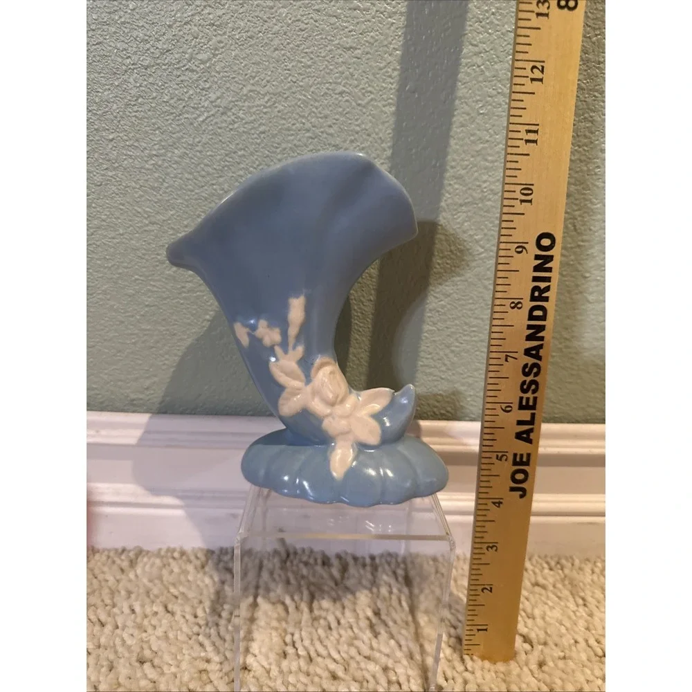 Vintage Weller Baby Blue Cornucopia Vase With White Raised Flowers Cameo Pattern